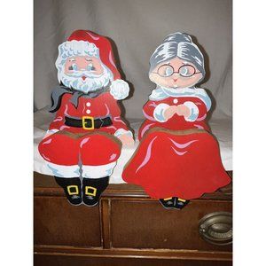 VTG Homco Wooden Santa And Mrs Claus Wearing Scarves Shelf Sitting Set